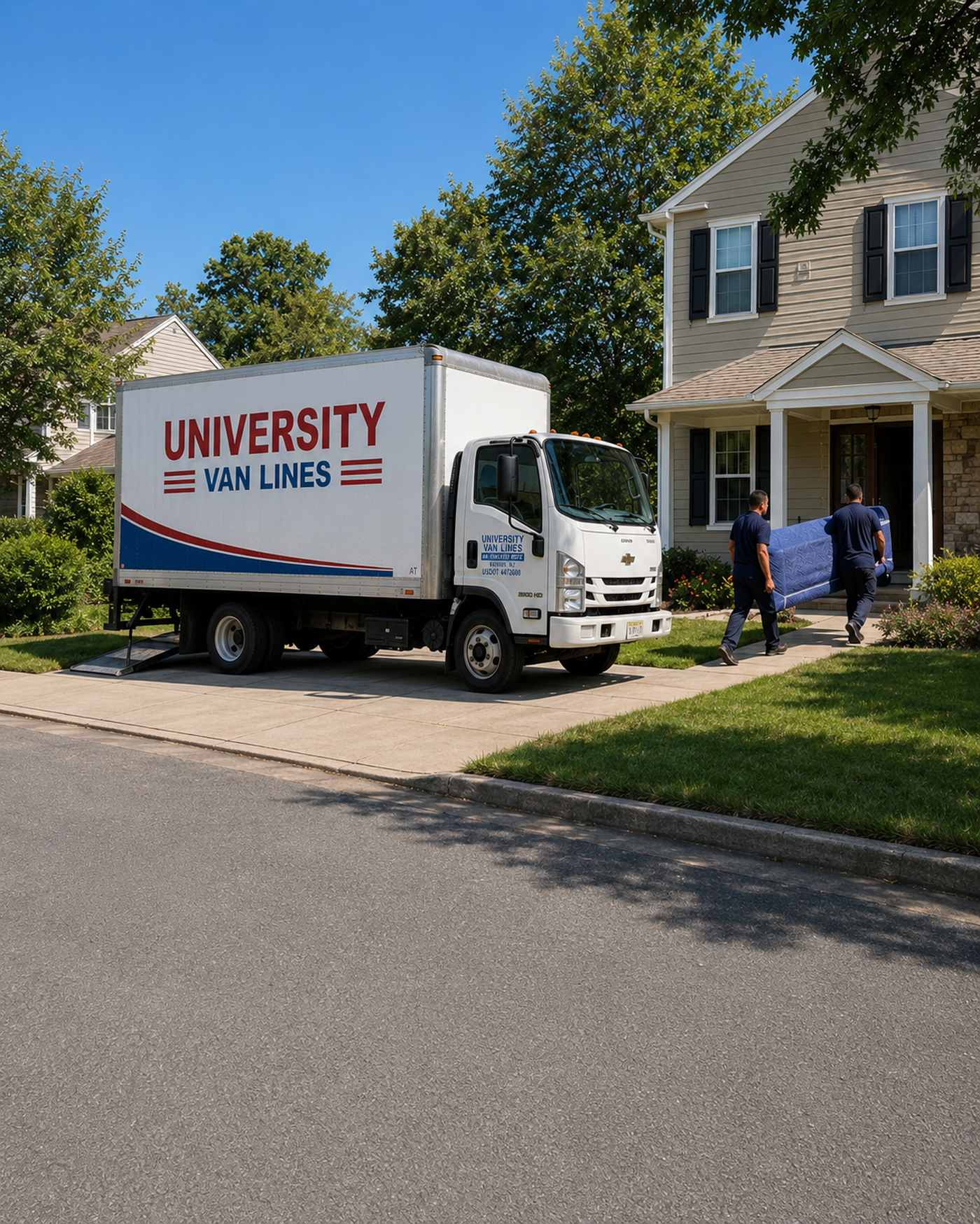 University Van Lines moving truck and crew at a New Jersey home, representing a planned fall move